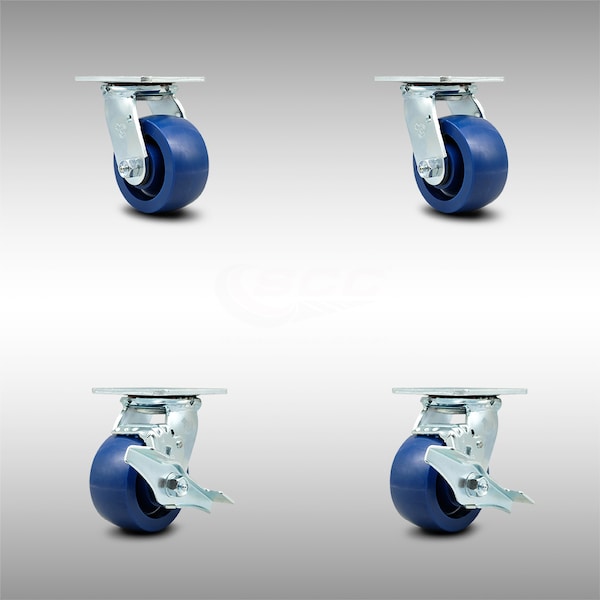 4 Inch Stainless Steel Solid Poly Swivel Caster Set with Roller Bearing 2 Brakes